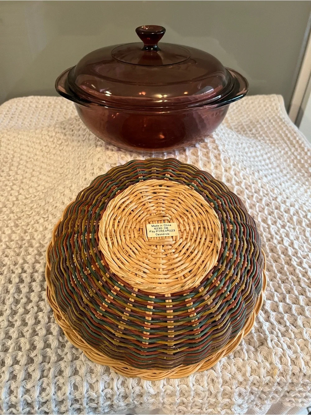 Vintage Pyrex Amber Glass Covered Casserole  with Woven Basket 409